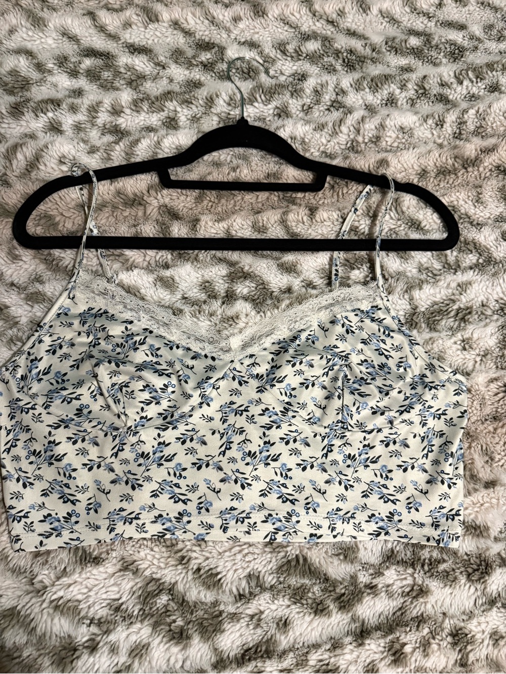 SHEIN White Cami Top with Blue Floral Print and Lace Trim